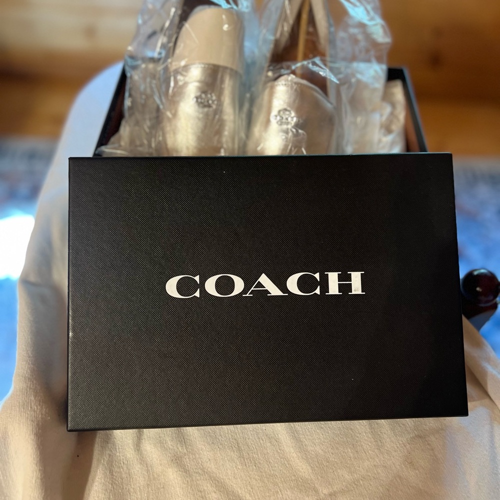 COACH HALLIE METALLIC SILVER LEATHER LOAFERS